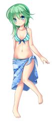 Rule 34 | 1girl, absurdres, aqua hair, barefoot, bikini, blue background, blue eyes, blue panties, blue sarong, bra, commentary request, floral print, front-tie bikini top, front-tie top, full body, gradient background, highres, long hair, mochizuki hull, no headwear, panties, plaid, plaid bra, plaid panties, revision, sarong, shiki eiki, smile, solo, swimsuit, touhou, transparent background, underwear, white background
