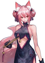 Rule 34 | 1girl, absurdres, animal ears, bare shoulders, black gloves, breasts, center opening, china dress, chinese clothes, cowboy shot, dress, fate/grand order, fate (series), folded fan, folding fan, fox ears, fox tail, gloves, hand fan, highres, holding, jun (5455454541), koyanskaya (chinese lostbelt outfit) (fate), koyanskaya (fate), large breasts, looking at viewer, pink hair, short hair, side slit, simple background, solo, standing, tail, tamamo (fate), underboob, white background, yellow eyes