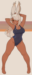 Rule 34 | 1girl, animal ears, bare arms, bare legs, barefoot, black one-piece swimsuit, blush, breasts, bright pupils, brown eyes, rabbit ears, cleavage, closed mouth, commission, competition swimsuit, covered navel, full body, grey hair, hair over one eye, halphelt, hands up, highleg, highleg swimsuit, highres, large breasts, legs apart, long hair, looking at viewer, one-piece swimsuit, one eye covered, original, pigeon-toed, smile, solo, swimsuit, white pupils