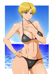 Rule 34 | 1girl, bikini, black bikini, blonde hair, blue eyes, blush, breasts, cleavage, hand on own hip, highres, king (snk), large breasts, lips, makani kohitujito, navel, ryuuko no ken, short hair, smile, solo, swimsuit, the king of fighters, thick thighs, thighs, toned, underboob, very short hair