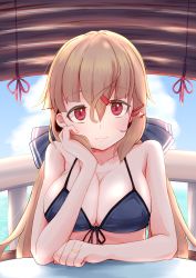 Rule 34 | 1girl, absurdres, alternate breast size, alternate costume, bikini, blue bikini, blue sky, blush, bow, breasts, brown eyes, brown hair, cleavage, closed mouth, cloud, gloves, hair between eyes, hair ornament, hairclip, highres, jewelry, kantai collection, komb, large breasts, long hair, low twintails, ring, sitting, sky, star (symbol), swimsuit, tashkent (kancolle), twintails, wedding band
