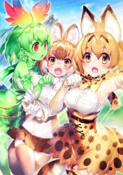 Rule 34 | 3girls, :o, animal ear fluff, animal ears, armpits, artist request, belt, black belt, blonde hair, blush, bow, bowtie, brown eyes, brown hair, cellval, clenched hand, colored skin, day, dhole (kemono friends), dog ears, dog girl, dog tail, elbow gloves, extra ears, game cg, gloves, green hair, green skin, green thighhighs, hair between eyes, head wings, high-waist skirt, kemono friends, kemono friends 3, lens flare, looking at viewer, mountain, multicolored hair, multiple girls, nervous sweating, official art, open mouth, outdoors, paw pose, print bow, print bowtie, print gloves, print skirt, print thighhighs, red eyes, serval (kemono friends), serval print, shirt, short hair, skindentation, skirt, sky, sleeveless, sleeveless shirt, striped tail, sweat, sweatdrop, tail, thighhighs, third-party source, two-tone hair, wavy mouth, white gloves, white hair, white shirt, wings, yellow eyes