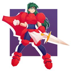 Rule 34 | 1girl, absurdres, armor, border, breasts, closed mouth, female knight, geliquemini, green eyes, green hair, guardian heroes, highres, holding, holding sword, holding weapon, huge filesize, knight, long hair, purple background, red footwear, serena corsair, short sleeves, solo, sword, very long hair, weapon, white border