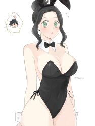 Rule 34 | 1girl, :o, bare shoulders, black clover, black hair, blush, bow, bowtie, charmy pappitson, green eyes, hair bun, highres, leotard, looking at viewer, playboy bunny, rizaavana, simple background, twitter username, white background, yuno (black clover)