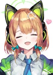 Rule 34 | 1girl, animal ear headphones, animal ears, aqua bow, blonde hair, blue archive, blue necktie, blush, bow, collared shirt, facing viewer, fake animal ears, green halo, hair bow, halo, headphones, heart, highres, midori (blue archive), monogrbl, necktie, open mouth, portrait, shirt, short hair, simple background, smile, solo, white background, white shirt