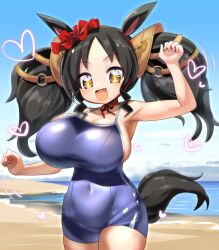 Rule 34 | + +, 1girl, :d, animal ears, armpits, beach, black hair, bouncing breasts, breasts, covered navel, fang, heart, highres, horse ears, horse girl, horse tail, large breasts, lets0020, long hair, marvelous sunday (umamusume), ocean, one-piece swimsuit, open mouth, oppai loli, school swimsuit, sideboob, smile, solo, swimsuit, tail, tracen swimsuit, twintails, umamusume, yellow eyes