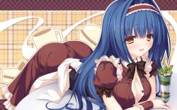 Rule 34 | 1girl, blue hair, blush, breasts, brown eyes, brown hairband, cleavage, closed mouth, cuffs, dress, fingernails, food, fruit, hair between eyes, hairband, highres, justy x nasty, long hair, looking at viewer, lying, medium breasts, mikagami mamizu, multicolored background, multicolored clothes, multicolored dress, on stomach, ootsuki karin, open mouth, parfait, plaid, plaid background, puffy sleeves, smile, solo, straight hair