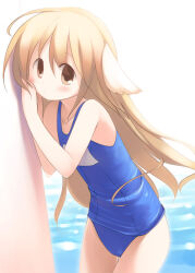 Rule 34 | 1girl, animal ears, blonde hair, blue one-piece swimsuit, blush, brown eyes, closed mouth, commentary, cowboy shot, dog ears, emurin, expressionless, flat chest, hair between eyes, long hair, one-piece swimsuit, original, raised eyebrows, school swimsuit, solo, swimsuit, water