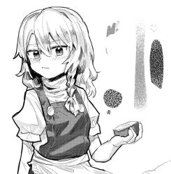 Rule 34 | 1girl, apron, blush, braid, closed mouth, commentary request, expressionless, flat chest, greyscale, hair between eyes, hakonnbo, holding, kirisame marisa, long hair, looking at viewer, mini-hakkero, monochrome, puffy short sleeves, puffy sleeves, shirt, short sleeves, single braid, solo, touhou, turtleneck, upper body, vest, waist apron, white shirt