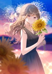 Rule 34 | 1girl, aerial fireworks, black bow, black dress, blurry, blurry background, blurry foreground, bow, breasts, brown hair, cleavage, closed mouth, collarbone, commentary request, depth of field, dress, fireworks, flower, hair bow, highres, holding, holding flower, lake, long hair, mountain, myusha, night, night sky, original, outdoors, red eyes, sky, sleeveless, sleeveless dress, small breasts, smile, solo, sunflower, water, yellow flower
