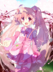 Rule 34 | 1girl, bare shoulders, cherry blossoms, detached sleeves, hatsune miku, k.ei, long hair, name connection, necktie, object namesake, open mouth, pink eyes, pink hair, sakura miku, skirt, solo, thighhighs, twintails, very long hair, vocaloid