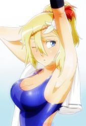 Rule 34 | 1girl, armpits, arms up, bleach, blonde hair, blue eyes, blush, breasts, cleavage, female focus, gairon, gradient background, hair ornament, kudo matsuri, long hair, md5 mismatch, one eye closed, ponytail, resized, simple background, solo, swimsuit, towel, wince