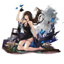 Rule 34 | 1girl, arm up, assault rifle, barefoot, black gloves, blue butterfly, breasts, brown hair, bug, butterfly, cleavage, criss-cross halter, dress, flower, full body, girls&#039; frontline, gloves, gun, hair ornament, halterneck, insect, kneeling, long hair, m4 carbine, m4a1 (girls&#039; frontline), m4a1 (suspender of time) (girls&#039; frontline), multicolored hair, nagu, official alternate costume, official art, outdoors, rifle, sidelocks, small breasts, solo, streaked hair, tears, thighlet, torn clothes, torn dress, transparent background, weapon