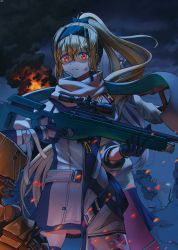 Rule 34 | 2girls, back-to-back, bandaid, bandaid on face, bandaid on nose, blonde hair, bolt action, bow, burning, closed mouth, commentary, cyclops (girls&#039; frontline), dress, girls&#039; frontline, gloves, glowing, glowing eyes, gun, hair between eyes, hair bow, headband, highres, holding, holding gun, holding weapon, kcco (girls&#039; frontline), long hair, mod3 (girls&#039; frontline), multiple girls, night, night sky, outdoors, pal lett, ponytail, red eyes, rifle, russian flag, scarf, scope, sidelocks, silver hair, sky, sniper rifle, sv-98, sv-98 (girls&#039; frontline), sv-98 (mod3) (girls&#039; frontline), svd (girls&#039; frontline), weapon, white scarf, yellow eyes