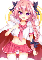 Rule 34 | 1boy, astolfo (fate), astolfo (sailor paladin) (fate), black bow, bow, braid, cape, cowboy shot, fang, fate/grand order, fate (series), fur-trimmed cape, fur trim, hair bow, hair intakes, light blush, long braid, long hair, male focus, maru itsuki, midriff, multicolored hair, neckerchief, open mouth, panties, pink hair, pink neckerchief, pink sailor collar, pink serafuku, pink skirt, pleated skirt, purple eyes, sailor collar, school uniform, serafuku, shirt, short sleeves, single braid, skin fang, skirt, solo, streaked hair, thighhighs, trap, two-sided cape, two-sided fabric, two-tone hair, underwear, white cape, white hair, white panties, white shirt, white thighhighs