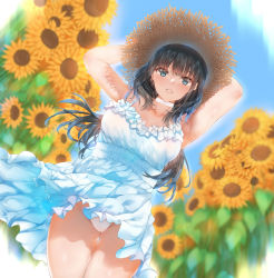 Rule 34 | 1girl, absurdres, armpits, bababababan, bare shoulders, black hair, blue eyes, blush, collarbone, cowboy shot, day, dress, dutch angle, flower, frilled dress, frills, gluteal fold, hat, highres, long sleeves, looking at viewer, original, panties, pantyshot, parted lips, sky, solo, standing, straw hat, sunflower, sweat, thighs, underwear, white dress, white panties