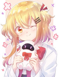 Rule 34 | 1girl, ;), absurdres, blonde hair, blush, border, bow, bowtie, brown eyes, character doll, commentary, doll, gradient background, hair between eyes, hair ornament, hair ribbon, hairclip, highres, holding, holding doll, lab coat, null (nullpeta), nullpeta, nyaa (nnekoron), one eye closed, outside border, peta robo (nullpeta), red bow, red bowtie, red ribbon, ribbon, short hair, smile, solo, two side up, upper body, white border