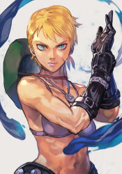 Rule 34 | 1girl, alternate costume, black gloves, blonde hair, blue eyes, bra, cammy white, capcom, character request, check character, gloves, green hat, hat, hungry clicker, jewelry, looking at viewer, navel, necklace, serious, short hair, solo, street fighter, underwear, unworn hat, unworn headwear, upper body, white background, white bra