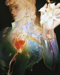 Rule 34 | 1boy, black background, blonde hair, blood, blue eyes, braid, closed mouth, earrings, fingernails, flower, from side, giorno giovanna, heart, highres, holding, holding flower, jewelry, jojo no kimyou na bouken, light particles, long sleeves, looking away, male focus, qvlv kuzi feichuan, signature, simple background, single braid, solo, upper body, veins, vento aureo, water drop, white flower