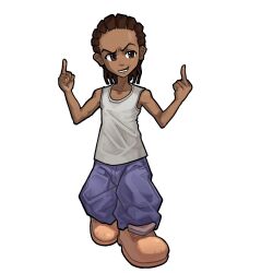 1boy baggy_pants balancetheball blue_pants boots brown_boots brown_eyes brown_hair commentary cornrows dark-skinned_male dark_skin double_middle_finger full_body highres male_focus middle_finger pants riley_freeman smile solo tank_top the_boondocks white_tank_top