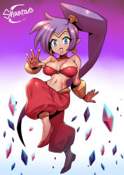 Rule 34 | 1girl, bare shoulders, blue eyes, bracer, breasts, choker, cleavage, collarbone, dancer, dark-skinned female, dark skin, eyelashes, full body, gradient background, hair tubes, high ponytail, highres, large breasts, long hair, looking at viewer, narrow waist, navel, o-ring, o-ring top, open mouth, pointy ears, purple background, purple hair, red footwear, red legwear, shantae, shantae (series), shoes, smile, solo, standing, standing on one leg, strapless, tiara, tukiwani, very long hair, white background