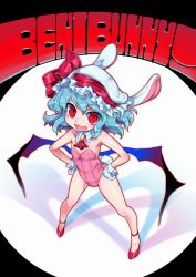 Rule 34 | 1girl, animal ears, bat wings, blue hair, detached collar, fang, flat chest, full body, gloves, hand on own hip, hat, hat ribbon, ifelt (tamaki zutama), leotard, looking at viewer, mob cap, open mouth, playboy bunny, rabbit ears, rabbit girl, rabbit tail, red eyes, red footwear, red ribbon, remilia scarlet, ribbon, shoes, smile, solo, standing, tail, touhou, wavy hair, white gloves, white hat, wings