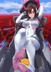 Rule 34 | 1girl, absurdres, aqua eyes, arm behind head, blue sky, bodysuit, breasts, brown hair, cloud, cloudy sky, cockpit, covered collarbone, covered navel, day, eiffel tower, entry plug, evangelion: 3.0+1.0 thrice upon a time, glasses, hairband, hands up, highres, interface headset, long hair, long sleeves, looking at viewer, low twintails, makinami mari illustrious, medium breasts, neon genesis evangelion, parted lips, pilot suit, plugsuit, rebuild of evangelion, science fiction, semi-rimless eyewear, simple background, sitting, skin tight, sky, turtleneck, twintails, vincent ky, white bodysuit