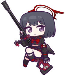 Rule 34 | 1girl, absurdres, anti-materiel rifle, anzio ironworks 20mm rifle, black gloves, black hair, black sailor collar, black serafuku, black shirt, black skirt, black socks, black wings, blue archive, bow, chibi, closed mouth, commentary request, feathered wings, fingerless gloves, full body, gloves, gun, halo, hand up, highres, holding, holding gun, holding weapon, looking at viewer, low wings, mashiro (blue archive), mini wings, panatisia, pleated skirt, purple eyes, red bow, red footwear, rifle, sailor collar, school uniform, serafuku, shirt, shoes, simple background, skirt, sniper rifle, socks, solo, weapon, white background, winged halo, wings