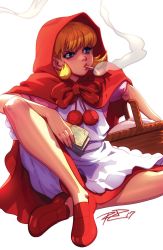 Rule 34 | 1girl, apron, bad id, bad twitter id, basket, blonde hair, bloomers, blue eyes, bulleta, capcom, capelet, cigarette, dress, full body, highres, mary janes, money, red dress, red footwear, red hood, robaato, shoes, short hair, signature, sitting, smoking, solo, underwear, vampire (game)