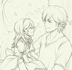 Rule 34 | 1boy, 1girl, bow, bug, butterfly, child, chrom (fire emblem), dress, closed eyes, father and daughter, fire emblem, fire emblem awakening, greyscale, bug, lucina (fire emblem), monochrome, nintendo, smile, tiara, tree, tusia, aged down