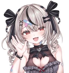 Rule 34 | 1girl, bandaid, bandaid hair ornament, bare shoulders, breasts, chicami, cleavage, grey hair, hair ornament, highres, hololive, holox, medium breasts, open mouth, sakamata chloe, sakamata chloe (jirai kei), short twintails, simple background, smile, solo, twintails, virtual youtuber