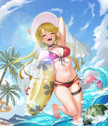 Rule 34 | 2girls, :d, absurdres, animal, animal costume, arm behind head, arm up, armpits, bang dream!, bare legs, bare shoulders, barefoot, beach, bear costume, bikini, bikini skirt, black bikini, black choker, blonde hair, blue sky, blunt ends, breasts, choker, cleavage, closed eyes, cloud, collarbone, commentary request, crab, day, dolphin, dopamine70, dutch angle, earrings, floating hair, food, foot out of frame, front-tie bikini top, front-tie top, fruit, gluteal fold, halterneck, hat, highres, holding, holding swim ring, innertube, jewelry, layered bikini, leg up, lens flare, long hair, long sleeves, medium breasts, michelle (bang dream!), multiple girls, navel, o-ring, o-ring bikini, o-ring bottom, o-ring choker, ocean, off shoulder, open clothes, open mouth, open shirt, outdoors, palm tree, parasol, red bikini, see-through, see-through shirt, shell, shell bikini, shirt, side-tie bikini bottom, sky, smile, standing, standing on one leg, stomach, sun hat, surfboard, surfing, swim ring, swimsuit, swimsuit cover-up, teeth, thigh gap, thigh strap, toenails, toes, tree, tsurumaki kokoro, twitter username, umbrella, wading, water drop, watermelon, waves, wet, white headwear, white shirt