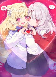 Rule 34 | 2girls, :d, black skirt, blonde hair, breasts, commentary request, heart, heart-shaped pupils, heart hands, heart hands duo, highres, jacket, large breasts, long hair, long sleeves, looking at viewer, multiple girls, open mouth, original, pink eyes, pleated skirt, red eyes, red jacket, ringozaka mariko, shirt, skirt, small breasts, smile, spoken heart, symbol-shaped pupils, white hair, white shirt