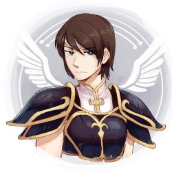 Rule 34 | 1girl, armor, blue eyes, breastplate, eyes visible through hair, female focus, fire emblem, fire emblem: path of radiance, fire emblem: radiant dawn, frogbians, grey background, half-closed eyes, headband, highres, looking to the side, nintendo, pauldrons, pegasus knight uniform (fire emblem), shoulder armor, signature, simple background, solo, tanith (fire emblem), text focus, upper body, white background, wings