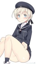 Rule 34 | 10s, 1girl, 2015, blue eyes, blush, clothes writing, crossed arms, dated, hat, highres, kantai collection, kuro chairo no neko, long sleeves, neckerchief, sailor collar, sailor hat, short hair, silver hair, simple background, sitting, smile, solo, twitter username, white background, z1 leberecht maass (kancolle)