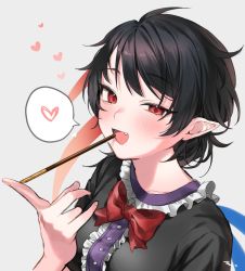 Rule 34 | 1girl, :d, asymmetrical wings, black dress, black hair, bow, bowtie, center frills, dress, fang, food, food in mouth, frills, half-closed eyes, heart, highres, houjuu nue, makita (vector1525), open mouth, pocky, pocky in mouth, pointy ears, red bow, red bowtie, red eyes, smile, solo, spoken heart, touhou, uneven eyes, wings