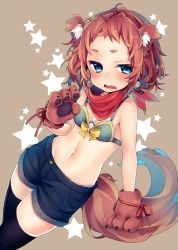 Rule 34 | 1girl, animal ears, animal hands, bandana, black thighhighs, blue eyes, blush, brown hair, dog ears, dog tail, female focus, gloves, lowres, midriff, nachiru, navel, open mouth, paw gloves, shorts, solo, tail, thighhighs, wavy mouth