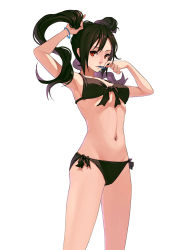 Rule 34 | 1girl, adjusting hair, arm up, armpits, bikini, black bikini, black hair, bunching hair, fkey, front-tie top, highres, long hair, mouth hold, navel, original, red eyes, side-tie bikini bottom, simple background, solo, swimsuit, twintails, tying hair, white background, wristband