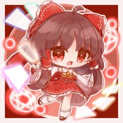 Rule 34 | 1girl, absurdres, ascot, black hair, bow, chibi, detached sleeves, frilled bow, frilled hair tubes, frills, gohei, hair bow, hair tubes, hakurei reimu, highres, inukkomaru, open mouth, red bow, red eyes, red skirt, ribbon-trimmed sleeves, ribbon trim, skirt, skirt set, solo, touhou, yellow ascot