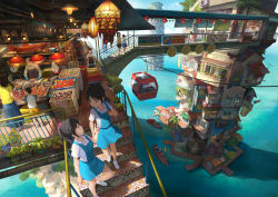 Rule 34 | 4boys, 6+girls, absurdres, aerial tram, air conditioner, black hair, boat, brown eyes, child, chong feigiap, collared shirt, crab, day, dress, fish, fish (food), food, from above, highres, lamp, long hair, looking at another, multiple boys, multiple girls, ocean, original, outdoors, pier, pinafore dress, plant, ponytail, potted plant, price tag, railing, scenery, scrunchie, shirt, sleeveless dress, stairs, standing, translation request, watercraft