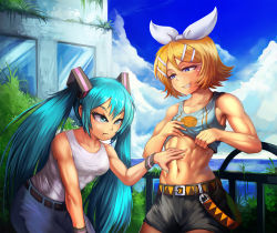Rule 34 | 2girls, :t, abs, belt, biceps, blonde hair, blue eyes, blue hair, breasts, clothes lift, denim, female focus, grin, hair ornament, hair ribbon, hairclip, hand on another&#039;s stomach, hatsune miku, jeans, kagamine rin, long hair, long twintails, medium breasts, midriff, multiple girls, muscle envy, muscular, muscular female, navel, ocean, outdoors, pants, ribbon, self exposure, shirt lift, short hair, shorts, sky, smile, smirk, stomach, tank top, toned, twintails, vocaloid, yilx