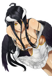 Rule 34 | 1girl, albedo (overlord), bare shoulders, black hair, black wings, breasts, demon girl, demon horns, demon wings, dreamman, dress, elbow gloves, feathers, gloves, greyscale, hair between eyes, horns, large breasts, long hair, looking at viewer, monochrome, open mouth, overlord (maruyama), simple background, smile, solo, thighhighs, thighs, white dress, wings
