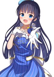 Rule 34 | 1girl, absurdres, akatsuki (artakatuki), black hair, blue dress, blue eyes, blue flower, blue hat, blush, bow, breasts, dot nose, dress, dress bow, flower, gloves, hand on own chest, hands up, hat, highres, idolmaster, idolmaster million live!, idolmaster million live! theater days, jewelry, long hair, looking at viewer, mogami shizuka, necklace, open mouth, reaching, reaching towards viewer, short sleeves, simple background, small breasts, smile, solo, striped clothes, striped dress, white background, white bow, white gloves