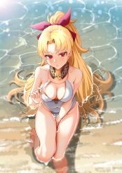 Rule 34 | 1girl, alternate hairstyle, bare shoulders, blonde hair, blush, breasts, cleavage, collarbone, detached collar, ereshkigal (fate), fate/grand order, fate (series), highres, jewelry, large breasts, long hair, looking at viewer, necklace, one-piece swimsuit, parted bangs, ponytail, red eyes, solar (happymonk), solo, swimsuit, thighs, white one-piece swimsuit