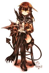 Rule 34 | 1girl, absurdres, blush, breasts, bright pupils, brown hair, claws, closed mouth, commentary request, dated, demon girl, demon tail, full body, hair between eyes, highres, kotoba noriaki, crossed legs, long hair, long sleeves, looking at viewer, orange eyes, original, signature, simple background, sitting, slit pupils, small breasts, solo, stool, tail, white background