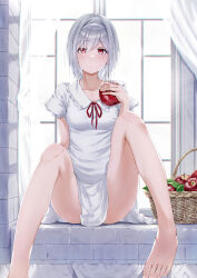 Rule 34 | 1girl, absurdres, apple, barefoot, blush, closed mouth, collarbone, dress, food, foot out of frame, fruit, hair between eyes, highres, legs, looking at viewer, medium hair, meen (ouaughikepdvrsf), neck ribbon, original, red eyes, red ribbon, ribbon, short sleeves, sitting, solo, toenails, toes, white dress, white hair, window