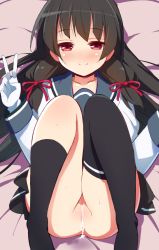 Rule 34 | 10s, 1girl, 9law, aftersex, asymmetrical legwear, bad id, bad pixiv id, black hair, black thighhighs, blush, censored, cum, cumdrip, gloves, hair ribbon, isokaze (kancolle), kantai collection, knees to chest, long hair, looking at viewer, lying, mismatched legwear, no panties, on back, pussy, red eyes, ribbon, school uniform, serafuku, single thighhigh, skirt, smile, solo, thighhighs, tress ribbon, v, white gloves
