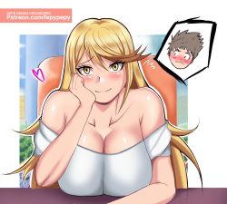 Rule 34 | 1boy, 1girl, bare shoulders, blonde hair, blush, breasts, cleavage, closed mouth, collarbone, hand on own cheek, hand on own face, heart, highres, lepypepy, long hair, mythra (xenoblade), patreon username, rex (xenoblade), shiny skin, shirt, sitting, smile, very long hair, watermark, web address, white shirt, xenoblade chronicles (series), yellow eyes