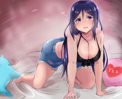 Rule 34 | 10s, 1girl, all fours, alternate costume, bare shoulders, barefoot, bed, blush, breasts, cleavage, collarbone, downblouse, hair down, hanging breasts, highres, kawa nen, large breasts, long hair, looking at viewer, love live!, love live! sunshine!!, matsuura kanan, on bed, open mouth, pillow, purple eyes, shiny skin, sleeveless, solo, tank top, yes-no pillow