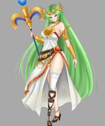 Rule 34 | 1girl, absurdly long hair, ancient greek clothes, belt, breasts, choker, dress, female focus, forehead jewel, gold bracelet, greco-roman clothes, green eyes, green hair, highres, holding, holding staff, jaxdraws, jaxdrawz, jewelry, kid icarus, kid icarus uprising, large breasts, long hair, looking at viewer, matching hair/eyes, nintendo, ornament, palutena, parted bangs, pendant, sandals, single thighhigh, smile, staff, strapless, strapless dress, thigh gap, thighhighs, tiara, very long hair, white dress, white thighhighs